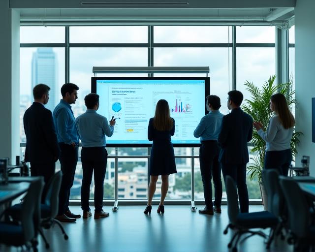 Team collaborating on a digital strategy board