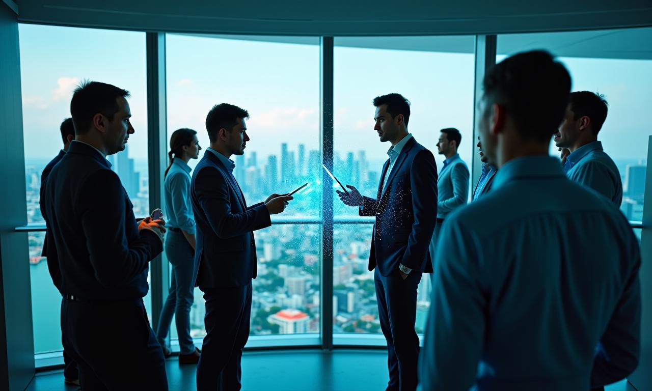 Modern digital technology interface and business team in Singapore office