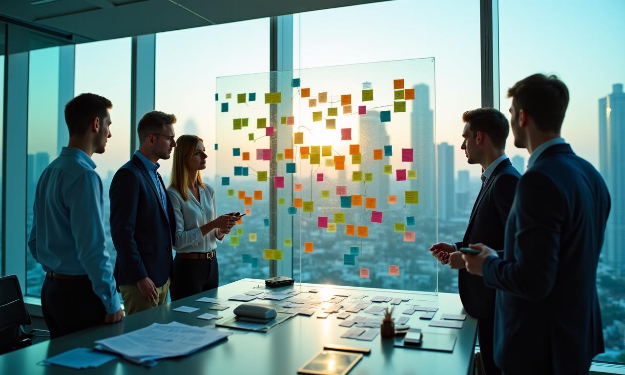 Team analyzing business process map in a modern Singapore office board room